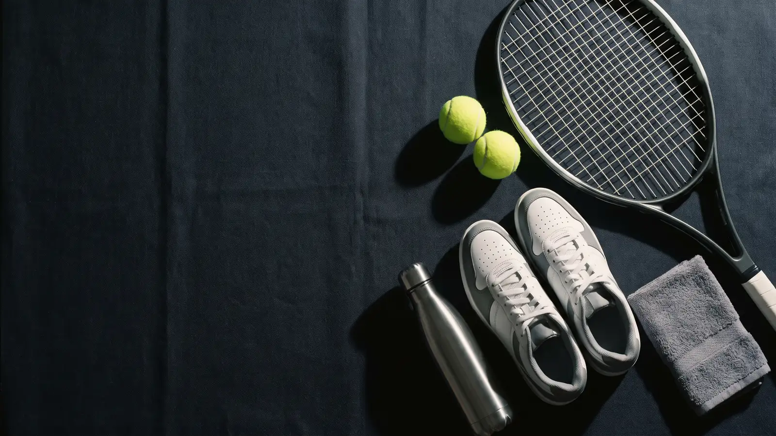 Tennis court shoes, racquet, balls, towel and water bottle laid out on a dark surface